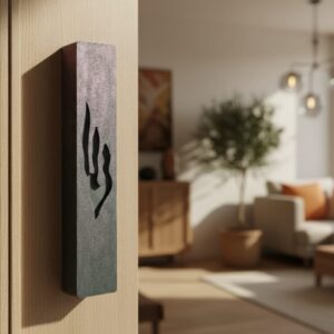 מזוזה ש' מוטבעת בצבע מטאלי בעבודת יד 18 ס"מ